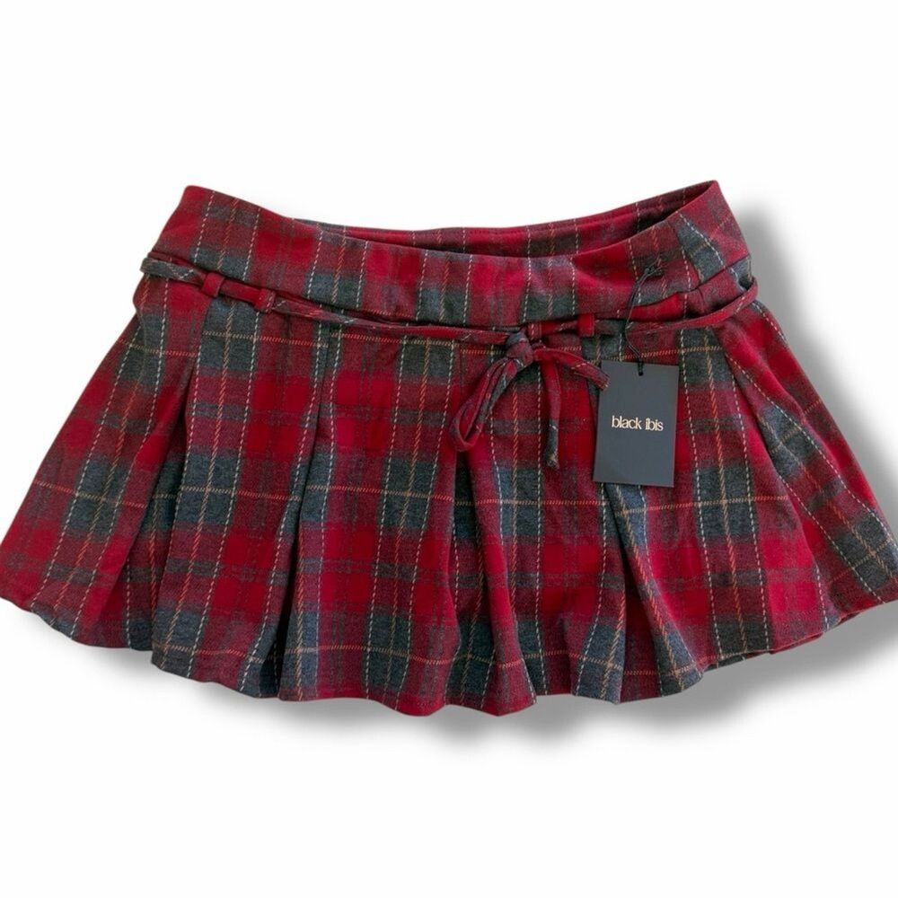 NWT Black Ibis Red & Black Plaid Pleated Skirt Skort Preppy Chic Womens Size L